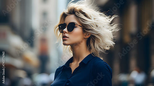 a woman in dark blue sunglasses is walking down st roads © Oleksandr
