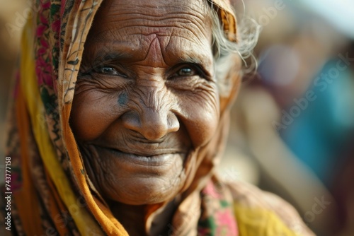 Anciana mayor de india sonriente con pañuelo colorido en la calle photo