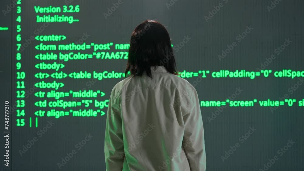 IT specialist against big digital screen. Back view african american woman engineer scientist in front of screen with digital code data. IT specialist against big digital screen. Back view african american woman engineer scientist in front of screen with digital code data.