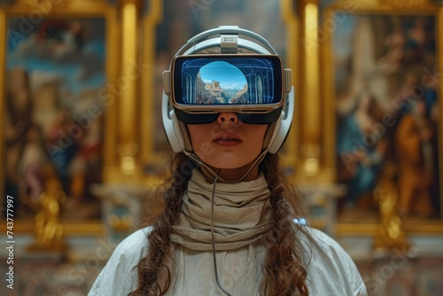 A woman wearing a virtual reality headset, exploring a digital world with awe and curiosity. The light from the headset illuminates her face as she interacts with unseen environments and experiences © Exclusive 