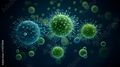green microorganisms overlaid in a dark blue background