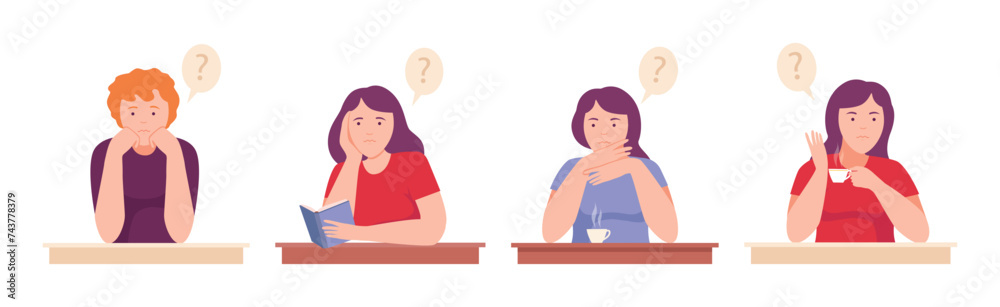 Thoughtful People Character with Question Mark Thinking or Solving Problem Vector Set