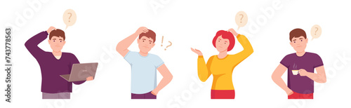 Thoughtful People Character with Question Mark Thinking or Solving Problem Vector Set