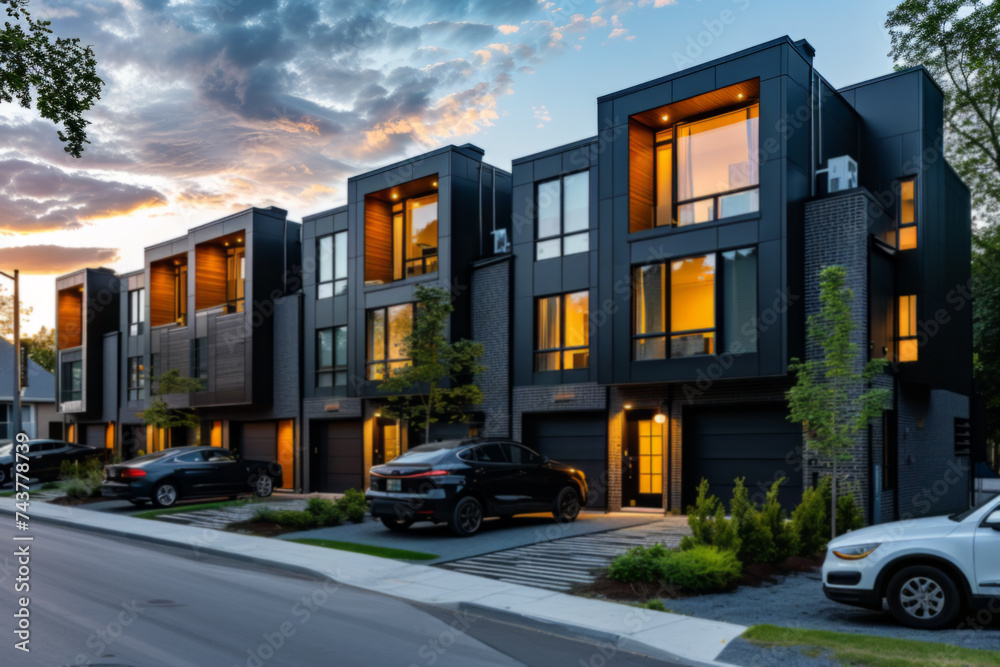Modern Townhouses at Sunset with Warm Interior Lights and Landscaping