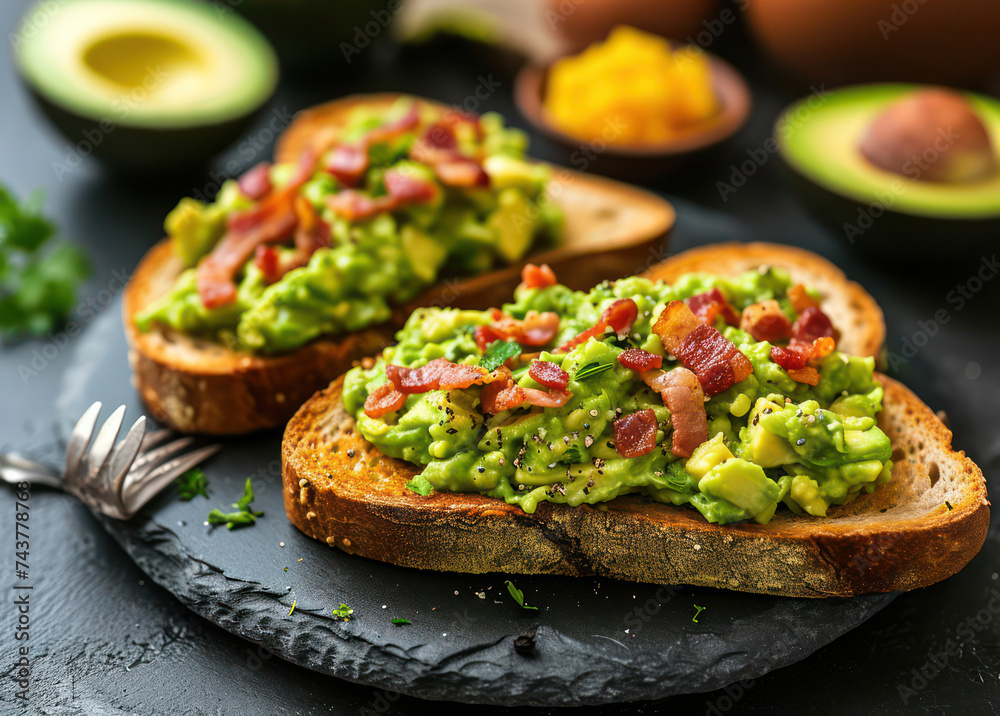 Fresh and Tasty Avocado Bruschetta: A Delicious and Healthy Vegetarian Snack on Rustic Wooden Background