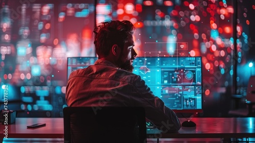 Man working in front of computer, cyber security high technology system background