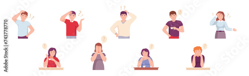 Thoughtful People Character with Question Mark Thinking or Solving Problem Vector Set
