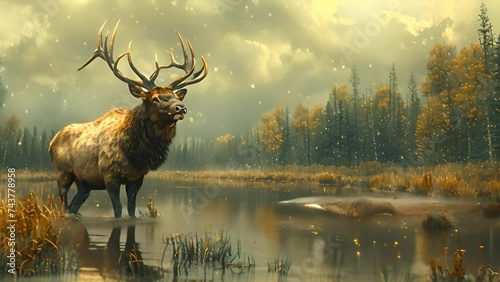 an elk standing in a wide river photo