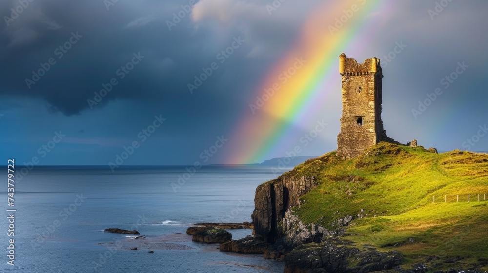 A stunning image of a rainbow ending at an old Irish tower castle on the coast.
