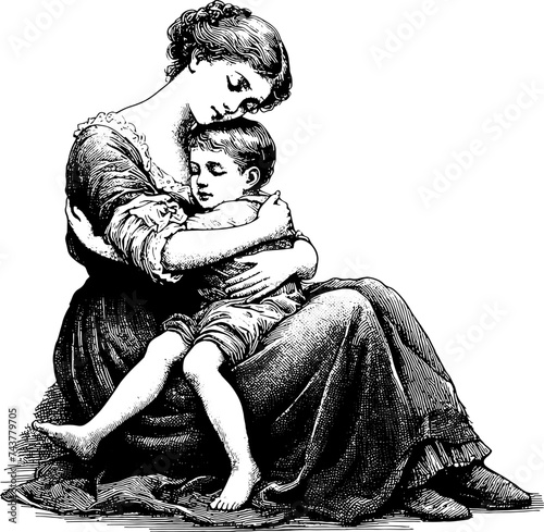 Vintage Family Portrait With Mother Hugging Her Son
