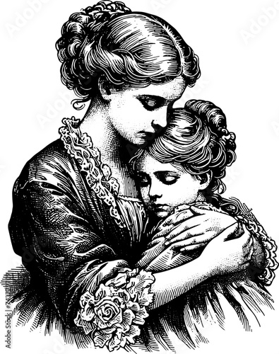 Vintage Family Portrait With Mother Hugging Her Daughte
