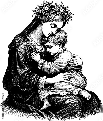 Vintage Family Portrait With Mother Hugging Her Son