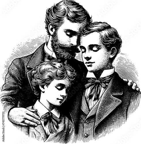 Vintage Family Portrait With Father Hugging His Children