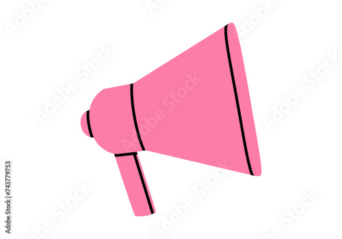 Hand drawn cute cartoon illustration of megaphone or loudspeaker side view. Flat vector store promotion, announcement sticker in doodle style. News alert icon. Communication speaker. Isolated.
