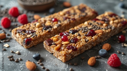 Superfood protein bars with dates, oats, peanut butter, chocolate and chia seeds.