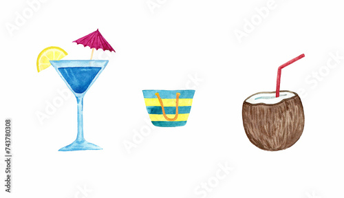 Cochtail, coconut, beach bag, isolated on white background, watercolor illustration