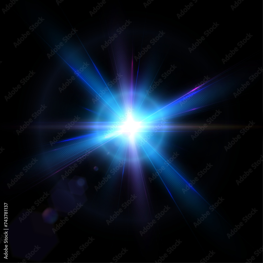 The effect of bright blue sunlight. Twinkling blue star on a black background. Bright light effect. Vector