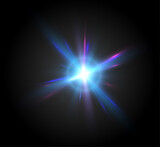 The effect of bright blue sunlight. Twinkling blue star on a black background. Bright light effect. Vector