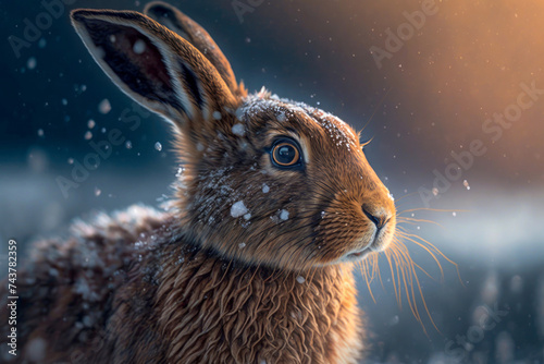 Portrait of a hare in a winter forest. Amazing Wildlife. Generative AI © Yaroslav