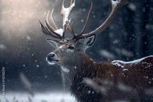 Majestic Deer in the cold snowy winter forest. Amazing Wildlife. Generative AI © Yaroslav