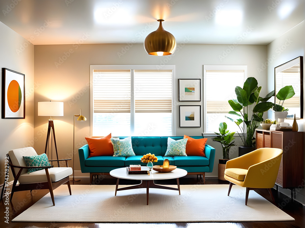 Fototapeta premium modern living room with sofas, multicolor cushions and a hanging brown lamps
