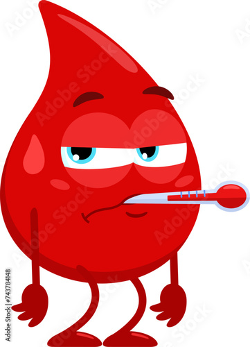 Sick Red Blood Drop Cartoon Character With Thermometer. Vector Illustration Flat Design Isolated On Transparent Background