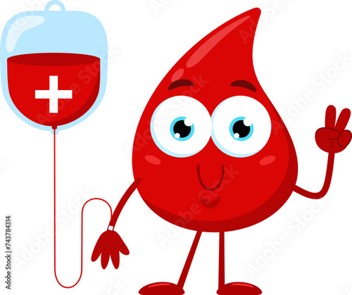 Cute Red Blood Drop Cartoon Character Donating Blood And Showing Victory Hand Sign. Vector Illustration Flat Design Isolated On Transparent Background