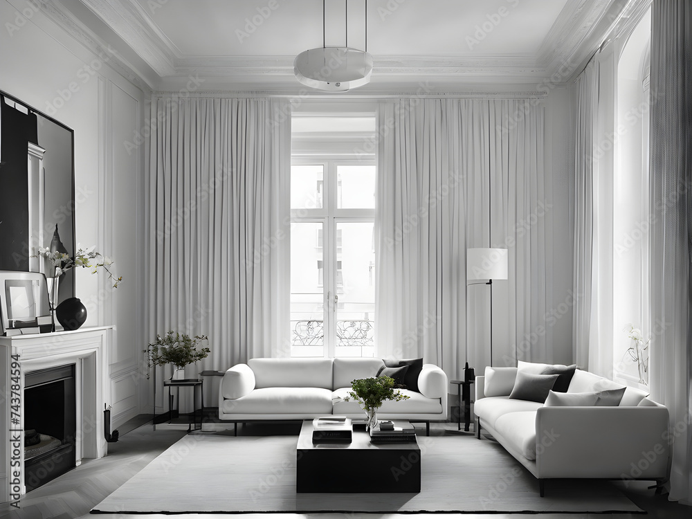 Fototapeta premium A balck and white room with two white sofas, a side lamp and one center table