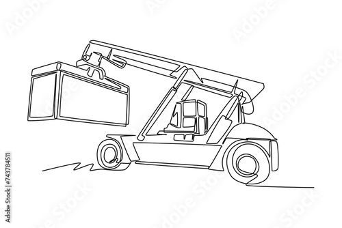 One line drawing of a forklift is unloading a container. Courier cargo delivering vehicle transportation concept. Single continuous line draw design