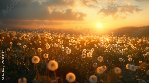 beautiful sunset in the dandelion field