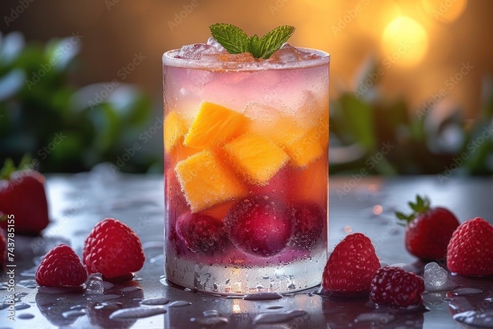 A vibrant and refreshing tall glass filled with layers of fruit and ice. A vibrant and refreshing tall glass filled with layers of fruit and ice.