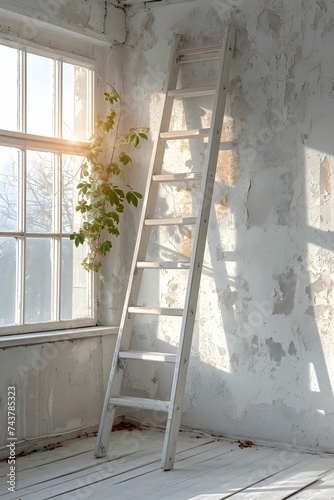 ladder in empty room of new house. steel ladder and white wall in empty room. vertical orientation