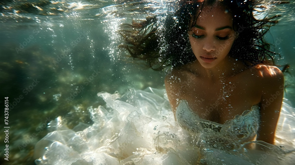 Woman wearing a white dress underwater in swimming pool. beautiful woman under water Woman wearing a white dress underwater in swimming pool. beautiful woman under water