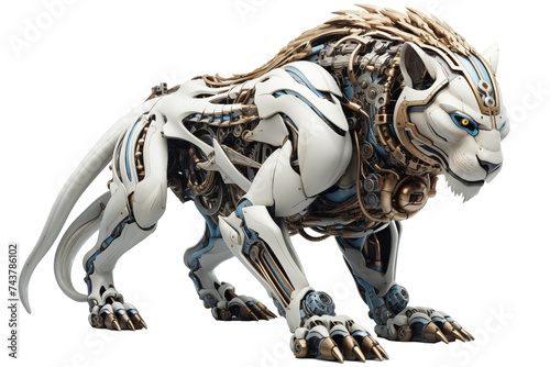 Realistic mechanical cyber Animal Robotic Lion PNG isolated on a white and transparent background -cybernetic Hybrid cyber Spy tiger robot Technology © Stock - Realm