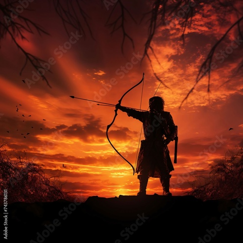 Black silhouette of archer with bow against sunset sky of clouds.