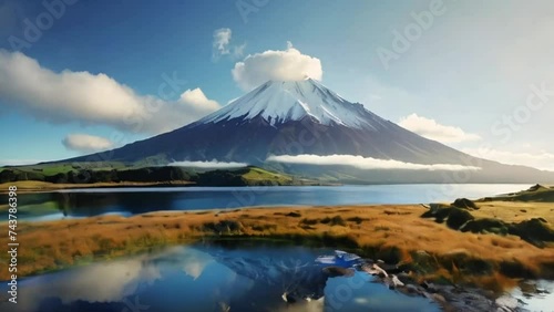 The volcano is beautiful beyond description with a small lake in front of the volcano. AI generative photo