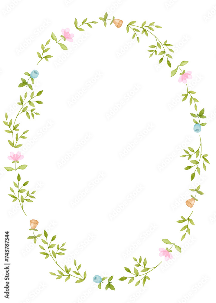Oval flower frame. Hand drawn watercolor illustration. Easter, spring, children's party, birthday, baby shower. Design for greeting cards, invitations, posters. Oval flower frame. Hand drawn watercolor illustration. Easter, spring, children's party, birthday, baby shower. Design for greeting cards, invitations, posters.