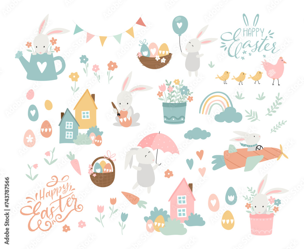 Collection of lovely hand drawn easter designs with cute typography, sweet hand drawn bunnies, eggs and decoration - vector design