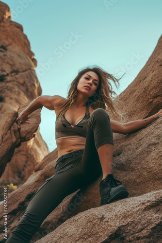 Professional Photography of a Supermodel in an Adventurous Outdoor Shoot, Exploring Rugged Landscapes and Showcasing Outdoor Sports, Generative AI