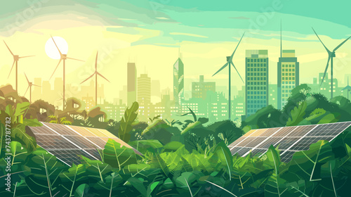 
Modern cityscape with sustainable energy solutions with technology and nature illustrates a move towards green energy and eco-friendly urban development. 