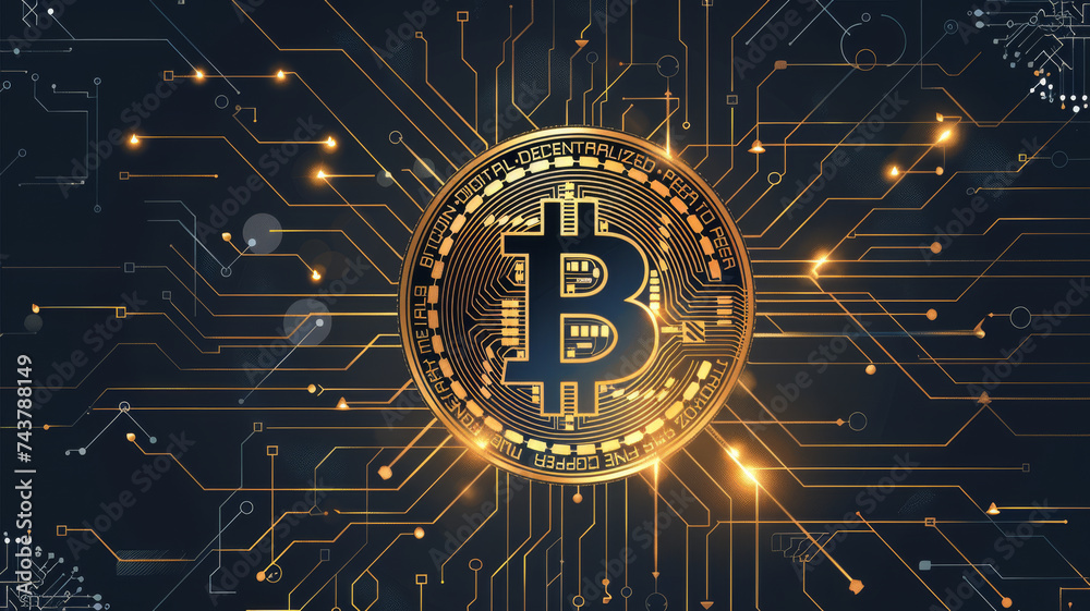 Detailed Gold Bitcoin Coin on Dark Circuit Background Detailed Gold Bitcoin Coin on Dark Circuit Background