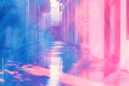 Blurred blue and pink urban building background scene.