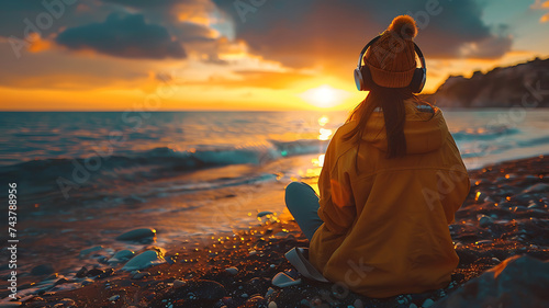 girl listening to music on the beach at sunset photo