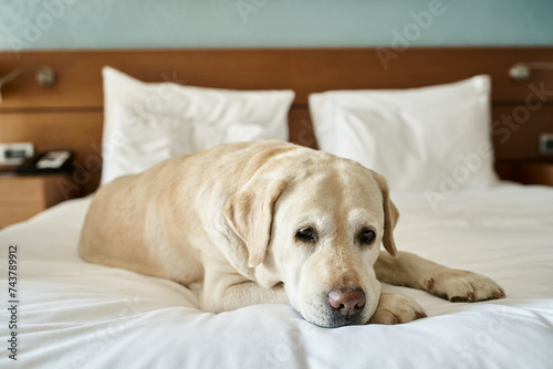 white labrador lying on bed in a pet-friendly hotel room, travel with animal companion concept