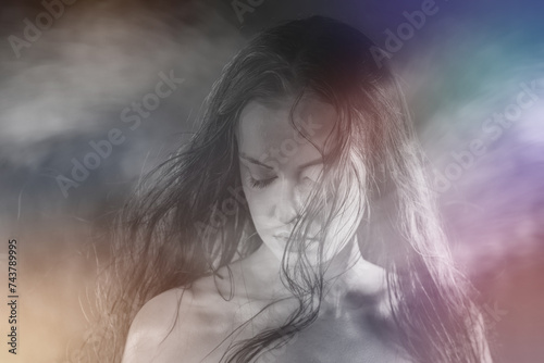 Portrait shot of a pretty young woman , Surreal blurry portrait