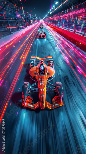 Neon colored racing cars with AI capabilities testing on a track surrounded by digital data streams blending speed with innovation