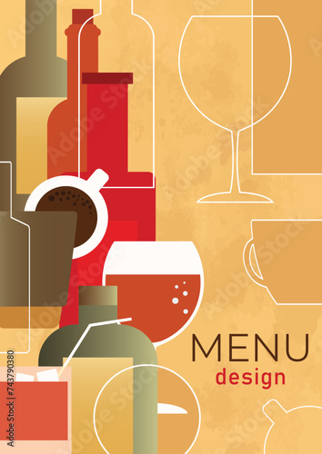 Vector drawing alcoholic drinks glasses bar menu design. Menu banner poster flyer cover template. Vector file design elements.