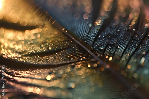 a close up of a feather with drops of water on it