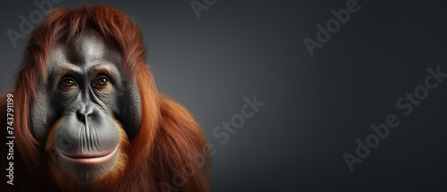 Front view of Orangutan on dark gray background. Wild animals banner with copy space