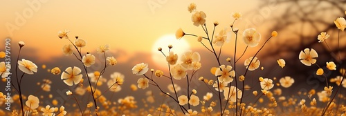 A vast field of colorful flowers bloom under the warm glow of the setting sun